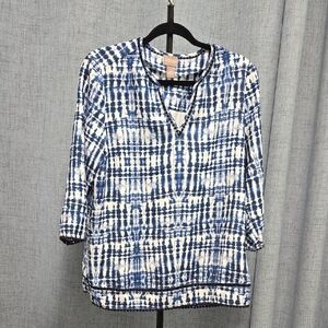 Chico's Blue and White Tie Dye Women's Top Size 8/10 Chicos Sz 1  3/4 Sleeve‎